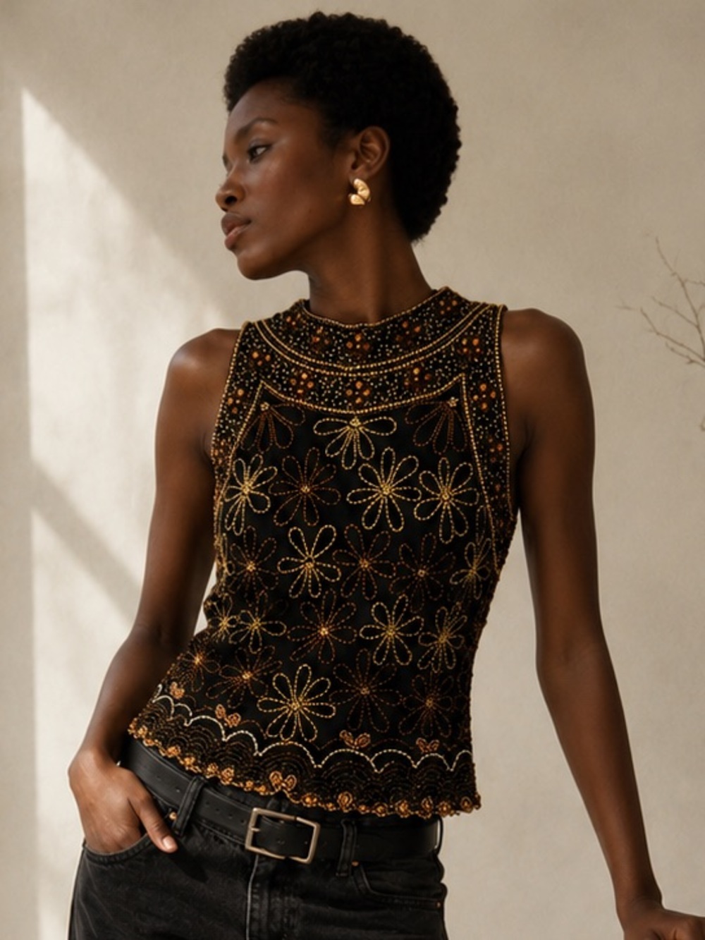 Adrianna Papell Vintage Embroidered Beaded 100% Silk Halter Top Black Gold L